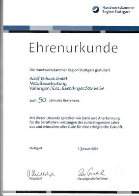 Ehrenurkunde der Handwerkskammer